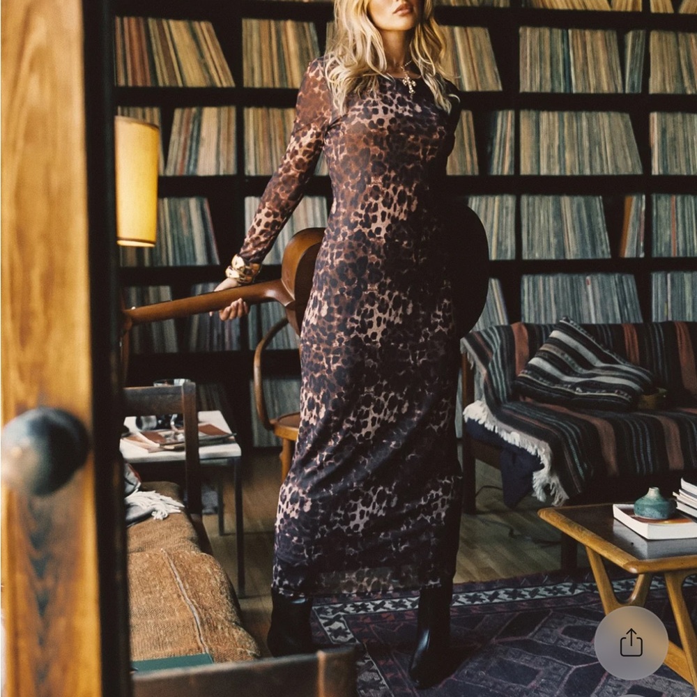 12th Tribe Brown Leopard Print Long Sleeve Maxi Dress